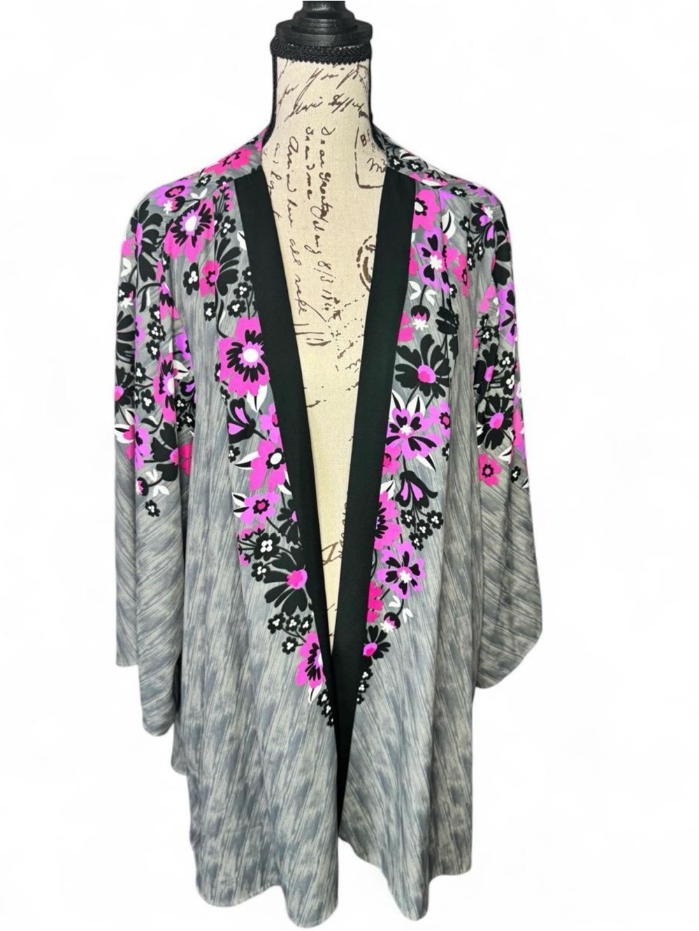 Bob Mackie Gray Tunic Cardigan with Pink Floral Trim